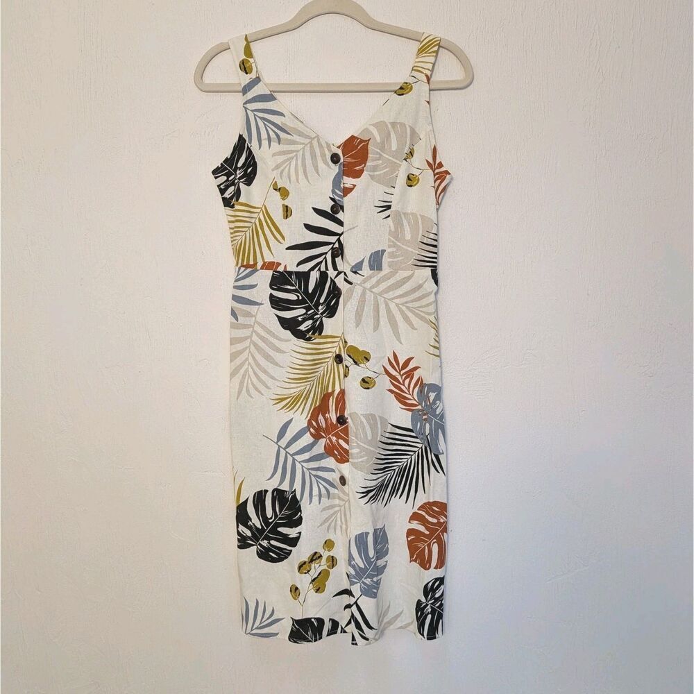 Monteau Los Angeles Women’s XS Linen Blend Tropical Button Front Midi Dress